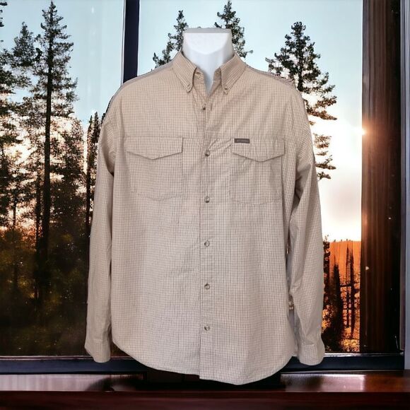 Columbia PFG Plaid Shirt L Omni Shade Long Sleeve Button Up Fishing White Tan - Picture 1 of 14